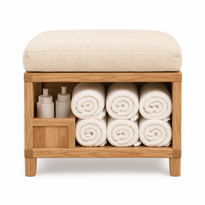 Banc de salle de bain moderne minimaliste en teck avec étagère de rangement pour serviettes - Product Image 1