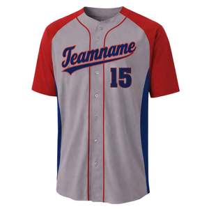 Camiseta de béisbol personalizada en rojo y gris con nombre del equipo, detalles personalizados del jugador y producción rápida - Product Image 2
