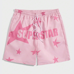 กางเกงขาสั้นชายพิมพ์ลาย Pink Superstar คุณภาพสูง เอวกลาง มีเชือกผูก แห้งเร็ว ผ้าโพลีเอสเตอร์ 220 กรัม ชุดว่ายน้ำลำลองลายดาว - Product Image 1