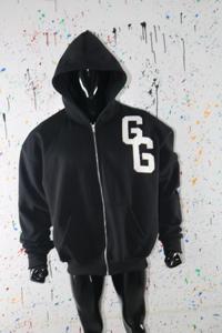 <b>Black</b> color Customized oversized heavy weight tight rib American sizing distress embroidered Cotton <b>fleece</b> hoodie Finer Threads - Product Image 2