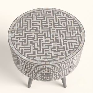 Table de chevet ronde de luxe en nacre grise avec 2 tiroirs, incrustation géométrique, table de chevet artisanale - Product Image 3