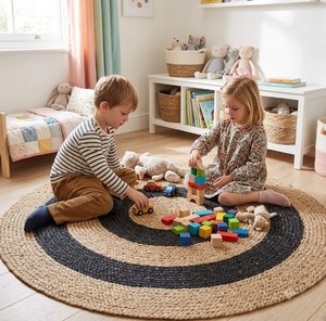 Handwoven <b>Round</b> Seagrass Rug Braided Bohemian Area <b>Carpet</b> with Black and Beige Target Circle Design for Living Room, Home Use - Product Image 3