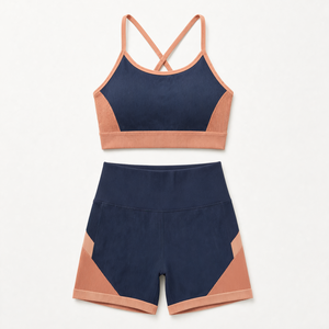 Ensemble de yoga côtelé contrastant bleu marine et orange pour femme, avec bretelles croisées et short taille haute, 2 pièces, sans couture, respirant, tenue de sport - Product Image 1