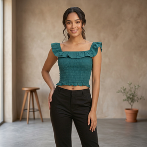Women's Teal Solid <b>Ruffle</b> <b>Off</b>-<b>Shoulder</b> Sleeveless Blouse Square Neck Rayon Elastic Casual Eco-friendly Woven Crop <b>Top</b> Summer - Product Image 4