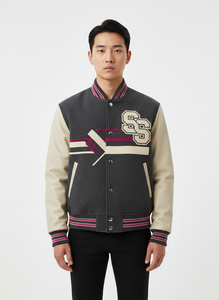 Veste de sport en laine et cuir sur mesure pour homme - Charbon, Magenta et Crème - Broderie en chenille - Product Image 6