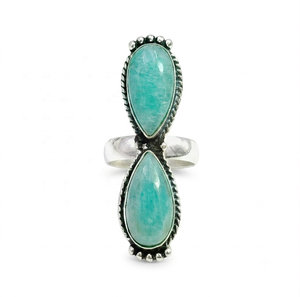 Bague double goutte d'eau en Amazonite naturelle en argent sterling 925, faite à la main, sertie clos, bijou minimaliste et affirmé - Product Image 2