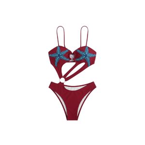 Ensemble de bikini deux pièces fait main à fleurs rouges perlées, en tissu coton/spandex, maillot de bain de haute qualité pour femme, avec push-up et paréo - Product Image 5