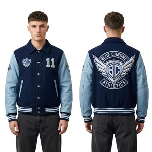 Blousons universitaires personnalisés bleu clair avec empiècements numérotés, manches en cuir véritable et corps 100% laine, style streetwear - Product Image 3