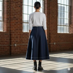 Women's Dark Wash Denim Pencil <b>Skirt</b> <b>Midi</b> Length Solid Color Casual Autumn Wear Button Front Woven Cotton Regular Fit - Product Image 3