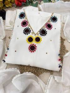 <b>White</b> Embroidered Long Sleeve Ethnic Cotton Kurta Set with Flared Hem V Neck <b>Sheer</b> Dupatta for Muslim Women Party Wear - Product Image 6