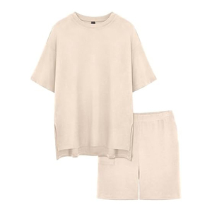 Women's Beige 2-Piece <b>Knitted</b> <b>Set</b> O-Neck Loose Short Sleeve Top With Above Knee Shorts Solid Breathable Casual Spring Summer - Product Image 3