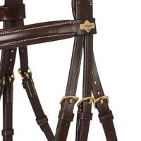 Bridon anglais en cuir marron sur mesure avec finitions brillantes, avec nezier rembourré, frontal et rênes en toile