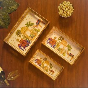 Handmade Bohemian Wooden Enamel Lightweight Decorative <b>Tray</b> Set Rectangular Serving Platter Animal Print Dining Table Decor - Product Image 1