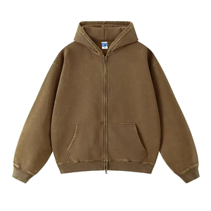 Sweat-shirt à capuche zippé surdimensionné pour homme, gris uni, 100% coton French Terry, vêtement décontracté d'automne avec poche avant - Product Image 2