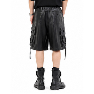 Shorts en similicuir streetwear avec logo personnalisé, fermeture à cordon, taille en cuir tressé, couleur noire, décontracté, pour homme - Product Image 5