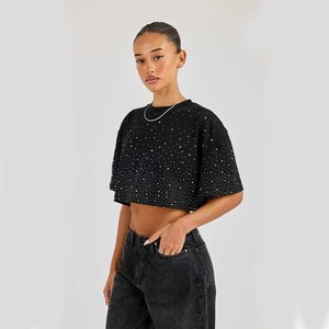 <b>Women's</b> <b>Black</b> Dot Print <b>Crop</b> <b>Top</b> Crew Neck Short Sleeve Loose Fit Casual Jersey T-Shirt With Rhinestone Decoration Spring Summer - Product Image 5