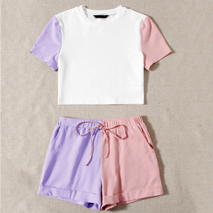 Ensemble 2 pièces color block pour femme : short et crop top à manches courtes, au-dessus du genou, tenue décontractée printemps-été 100 % coton tricoté - Product Image 3