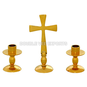 Brass Altar <b>Set</b> with Matching Candlesticks | Church Cross and <b>Candle</b> Holder <b>Set</b> - DOUBLE VEE EXPORTS - Product Image 2
