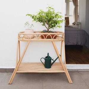 Garden organizer rack for plant pots 2-tier rattan <b>display</b> holder stands handmade wicker <b>flower</b> planter stand - Product Image 5