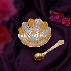 Silver & Gold Plated 4 Inch Lotus Decorative Bowls Embossed Indian Wedding Return Gift <b>Dessert</b> & Dry Fruit Bowl Polished Spoon - Product Image 2