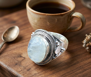 Natural Rainbow Moonstone 18k Sterling Silver Rose Gold & Yellow Gold Plated Handmade Bohemian <b>Statement</b> <b>Ring</b> Unisex - Product Image 4