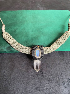 Handmade Macrame Moonstone & Quartz Crystal <b>Necklace</b> Boho Choker Gray Cord <b>Statement</b> Healing Gemstone Jewelry - Product Image 3