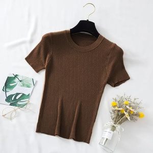 Top de Verano para Mujer, Estilo Típico, Tejido Acanalado, Corte Ajustado, Transpirable, 100% Poliéster, Manga Corta - Product Image 1