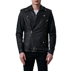 Veste de moto en cuir véritable noir vieilli pour homme avec fermeture éclair et ceinture - Product Image 1