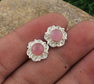 Pendientes de Jade Rosa Natural, Plata de Ley 925, Gema Redonda para Mujer, Joyería de Lujo para Fiesta, Hechos a Mano, Venta al por Mayor - Product Image 1