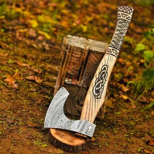 Durable Multi Usage Damascus Steel Blade <b>Axe</b> Head Outdoor Camping <b>Axe</b> Splitting Engraved <b>Wooden</b> Handle Viking Bearded Hatchet - Product Image 6