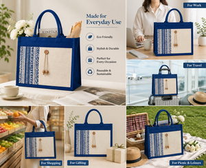 Bolsa de Yute Geométrica Laminada Azul con Asa de Cuerda, Bolsa de Compras Reutilizable Ecológica para Bodas y Exposiciones, Venta al Por Mayor - Product Image 4