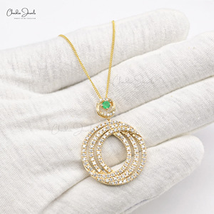 1.70CTW Round Cut White Diamond Statement <b>Pendant</b> 14K <b>Solid</b> <b>Gold</b> Natural Emerald Dangling <b>Pendant</b> Prong Set Jewelry Gift For Her - Product Image 3