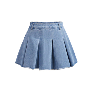 High Waist Pleated Denim Skirts for Women Raw Hem A-<b>Line</b> Mini <b>Jean</b> Skirt Wholesale Casual Style Custom Logo Skirt - Product Image 1