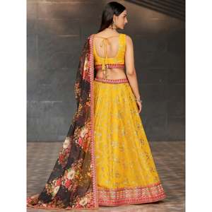 Yellow <b>Sequins</b> Georgette Haldi Wear Lehenga Choli for Women - Product Image 4