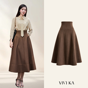 Jupe midi évasée élégante et moderne marron pour femme, taille haute, en polyester et élasthanne, décontractée, pour le bureau, RYAN - Product Image 1