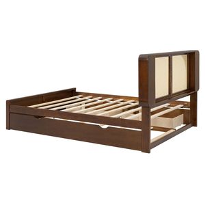 Lit Queen Size avec tête de lit en noyer et rotin, rembourré, doté de deux tiroirs et d'un lit gigogne - Product Image 5