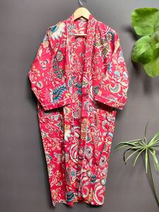 Bata Kimono de Algodón 100% Tejido con Estampado de Dibujos Animados para Mujer, Camisón de Verano Hecho a Mano, Cuello en V, Cintura Elástica, Largo Completo, Suave - Product Image 2