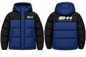 Men's <b>Navy</b> Blue Black Hooded Puffer <b>Jacket</b> Color Block <b>Padded</b> Winter Coat with Zip Pockets Custom OEM Wholesale Outerwear - Product Image 5
