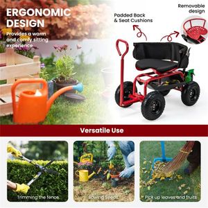 Carrello da Giardino Regolabile in Altezza, Scooter Rosso con Sedile Girevole e Vano Porta Attrezzi - Product Image 6