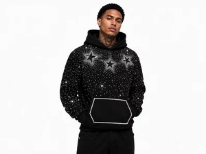 Sweat-shirt à capuche pour homme avec strass, imprimé étoiles noires, style streetwear oversize, tricoté, mode hiver, pull décontracté personnalisé - Product Image 6