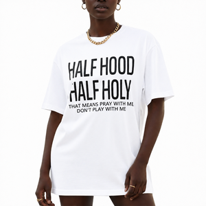 Custom Men's Oversized <b>White</b> Cotton T-Shirt Short Sleeve O-Neck Half Hood Half Holy Letter Print Casual Streetwear <b>Tee</b> - Product Image 1
