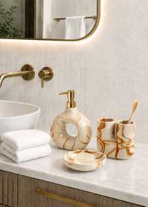 Ensemble de salle de bain en céramique moderne, forme ronde, motif marbre, distributeur de savon, porte-brosse à dents, porte-savon, quatre pièces - Product Image 6