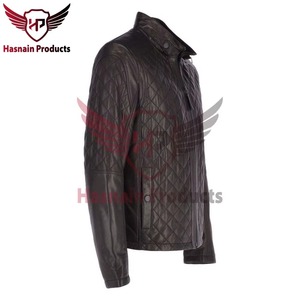 Blouson matelassé en cuir véritable marron pour homme, col montant, avec boucle, style motard, en cuir de vachette, classique, personnalisé, pour l'hiver - Product Image 2
