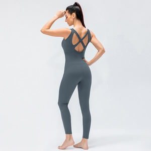Women's Gray Seamless Crisscross Back Yoga <b>Jumpsuit</b> High Waist Full Length Sleeveless Solid Color One Piece Activewear - Product Image 1