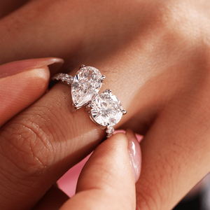 Elegant <b>Two</b> <b>Stone</b> Toi et Moi Lab Diamond <b>Ring</b> with Round Brilliant and Pear Shaped Diamond on Sparkling Pave Set 14K White <b>Ring</b> - Product Image 3