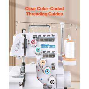 Machine à coudre surjeteuse robuste blanche, 1250 points par minute, capacité 2-3-5 fils, lumière LED, pieds à forte aspiration, métal - Product Image 3
