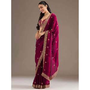 Vestido de Novia, Saree de Seda Bordado con Zari Color Granate, Elegante para Fiestas, con Blusa - Product Image 6