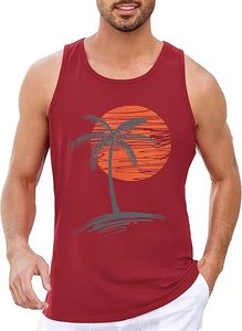 Camiseta Deportiva sin Mangas para Hombre, Color Beige, con Estampado de Palmeras al Atardecer, Cuello Redondo, Transpirable, Informal, Tejida, 100% Poliéster, con Logotipo Frontal - Product Image 3