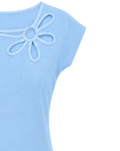 Manufacturer Custom Light Blue Women Casual Flower Neck T Shirt Soft Breathable Summer <b>Top</b> Short Sleeve Fashion Blouse Outfit - Product Image 4