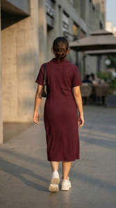 Robe chemise midi à col polo et manches courtes, couleur unie, en coton tissé, décontractée, respirante, coupe classique, pour femme, idéale pour l'été - Product Image 3
